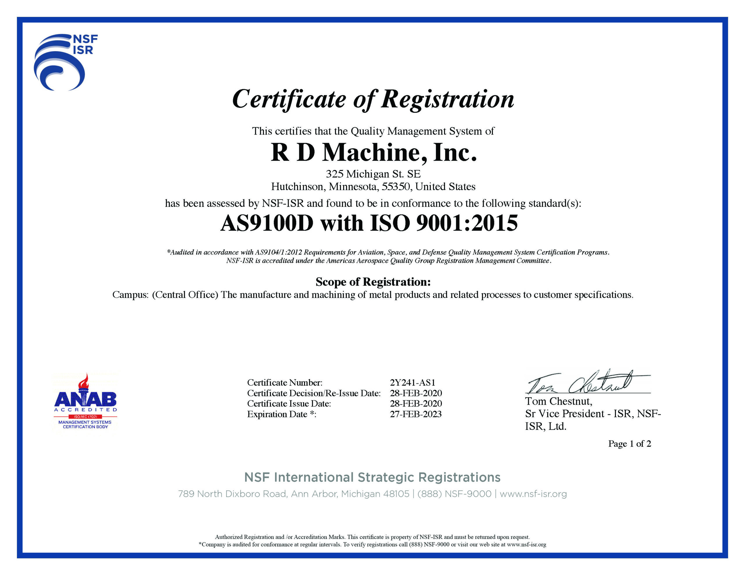 AS9100D with ISO 9001:2015 Certification - RD Machine