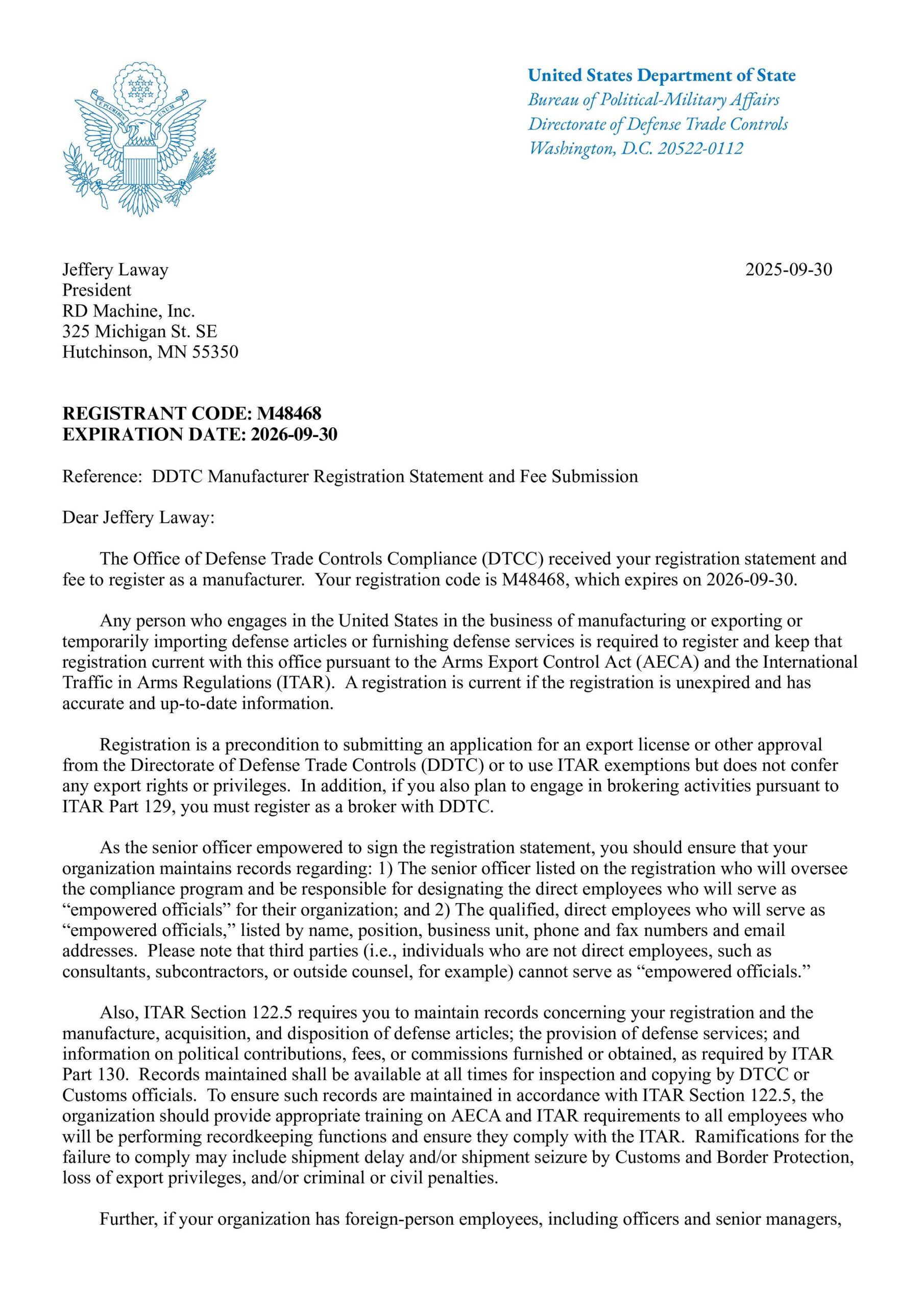 ITAR Registration Letter